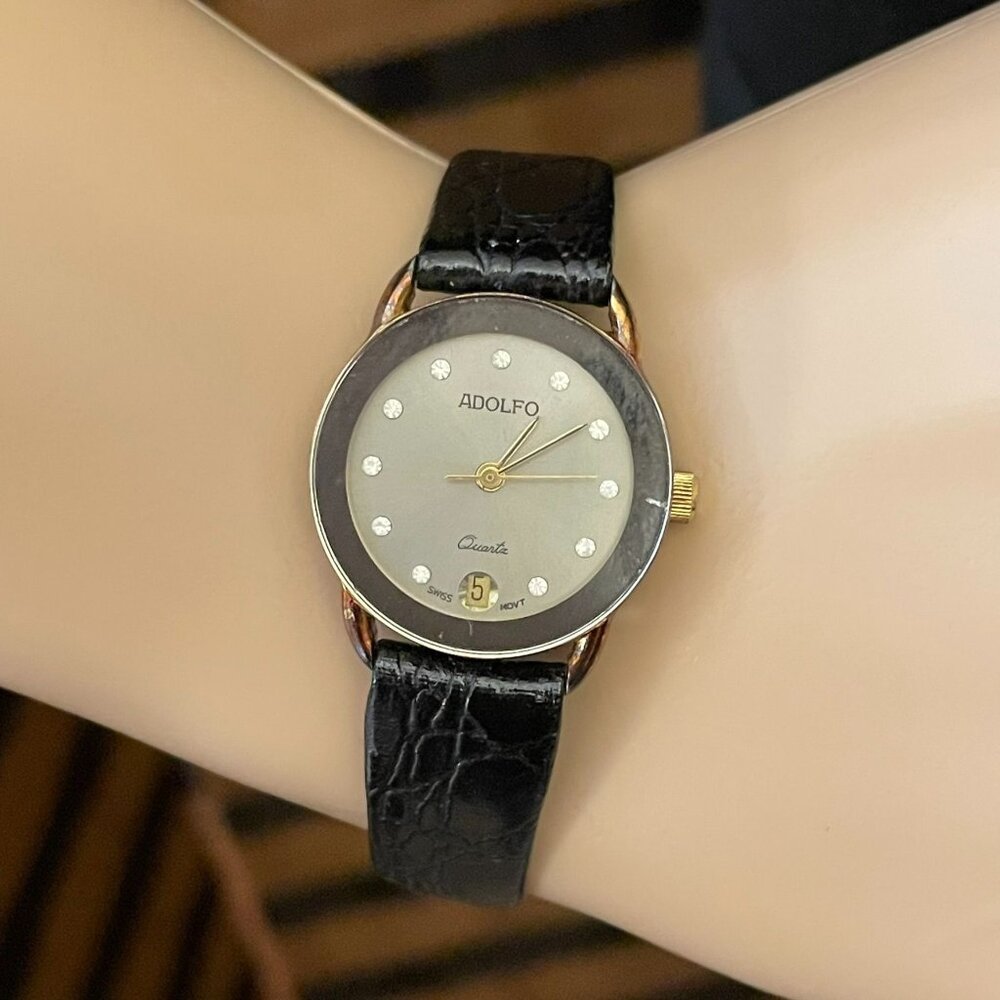 Vintage Adolfo Womens Watch With Black Leather Strap Needs Repair